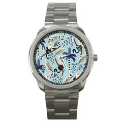 Tropical-leaves-seamless-pattern-with-monkey Sport Metal Watch by nate14shop