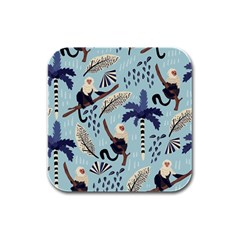 Tropical-leaves-seamless-pattern-with-monkey Rubber Square Coaster (4 Pack) by nate14shop