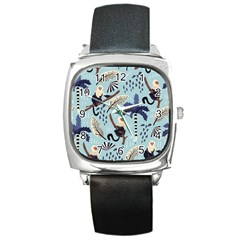 Tropical-leaves-seamless-pattern-with-monkey Square Metal Watch by nate14shop