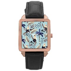 Tropical-leaves-seamless-pattern-with-monkey Rose Gold Leather Watch 