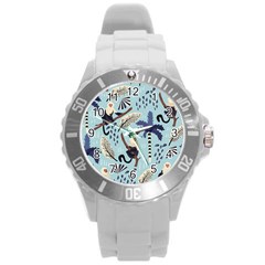 Tropical-leaves-seamless-pattern-with-monkey Round Plastic Sport Watch (l) by nate14shop