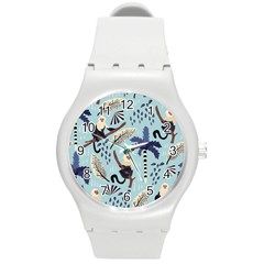 Tropical-leaves-seamless-pattern-with-monkey Round Plastic Sport Watch (m) by nate14shop