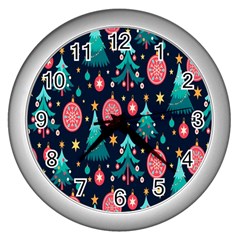 Hand-drawn-flat-christmas-pattern Wall Clock (silver) by nate14shop