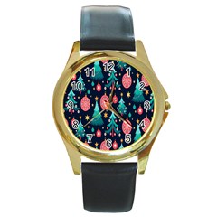 Hand-drawn-flat-christmas-pattern Round Gold Metal Watch by nate14shop