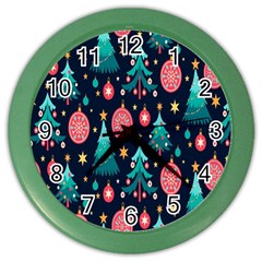 Hand-drawn-flat-christmas-pattern Color Wall Clock by nate14shop