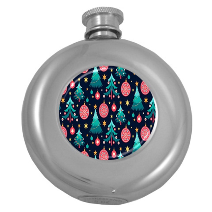 Hand-drawn-flat-christmas-pattern Round Hip Flask (5 oz)