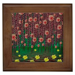 Floral Vines Over Lotus Pond In Meditative Tropical Style Framed Tile by pepitasart