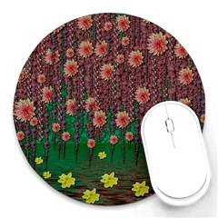 Floral Vines Over Lotus Pond In Meditative Tropical Style Round Mousepads by pepitasart