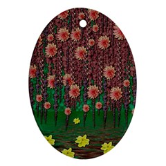 Floral Vines Over Lotus Pond In Meditative Tropical Style Ornament (oval) by pepitasart