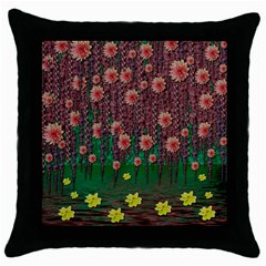 Floral Vines Over Lotus Pond In Meditative Tropical Style Throw Pillow Case (black) by pepitasart