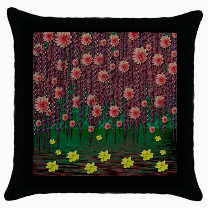 Floral Vines Over Lotus Pond In Meditative Tropical Style Throw Pillow Case (Black)