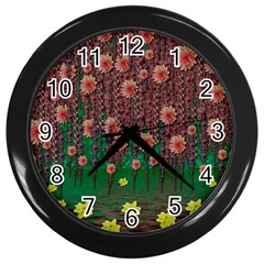 Floral Vines Over Lotus Pond In Meditative Tropical Style Wall Clock (black) by pepitasart