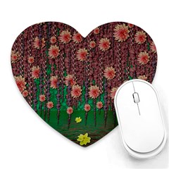 Floral Vines Over Lotus Pond In Meditative Tropical Style Heart Mousepads by pepitasart