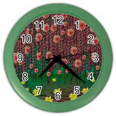 Floral Vines Over Lotus Pond In Meditative Tropical Style Color Wall Clock by pepitasart