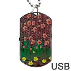 Floral Vines Over Lotus Pond In Meditative Tropical Style Dog Tag Usb Flash (one Side) by pepitasart