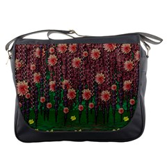 Floral Vines Over Lotus Pond In Meditative Tropical Style Messenger Bag by pepitasart