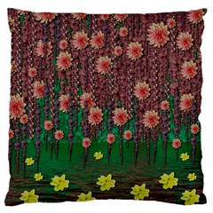 Floral Vines Over Lotus Pond In Meditative Tropical Style Large Cushion Case (one Side) by pepitasart