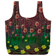 Floral Vines Over Lotus Pond In Meditative Tropical Style Full Print Recycle Bag (xl) by pepitasart