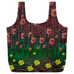 Floral Vines Over Lotus Pond In Meditative Tropical Style Full Print Recycle Bag (xxl) by pepitasart