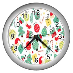 Vintage-handdrawn-seamless-pattern-with-christmas-elements Wall Clock (silver)