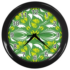 Folk Flowers Print Floral Pattern Ethnic Art Wall Clock (black) by Eskimos