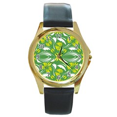 Folk Flowers Print Floral Pattern Ethnic Art Round Gold Metal Watch by Eskimos