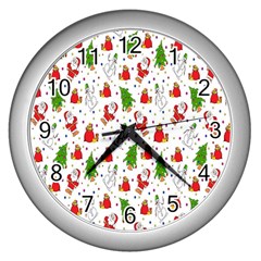 Hd-wallpaper-christmas-pattern-pattern-christmas-trees-santa-vector Wall Clock (Silver)