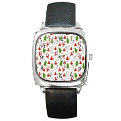 Hd-wallpaper-christmas-pattern-pattern-christmas-trees-santa-vector Square Metal Watch by nate14shop