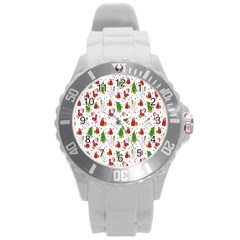 Hd-wallpaper-christmas-pattern-pattern-christmas-trees-santa-vector Round Plastic Sport Watch (L)