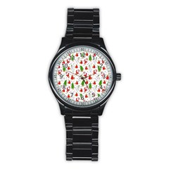 Hd-wallpaper-christmas-pattern-pattern-christmas-trees-santa-vector Stainless Steel Round Watch