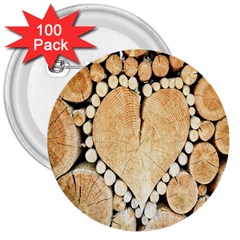 Wooden Heart 3  Buttons (100 pack) 