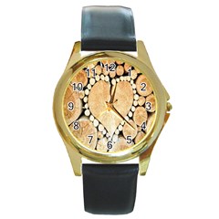 Wooden Heart Round Gold Metal Watch