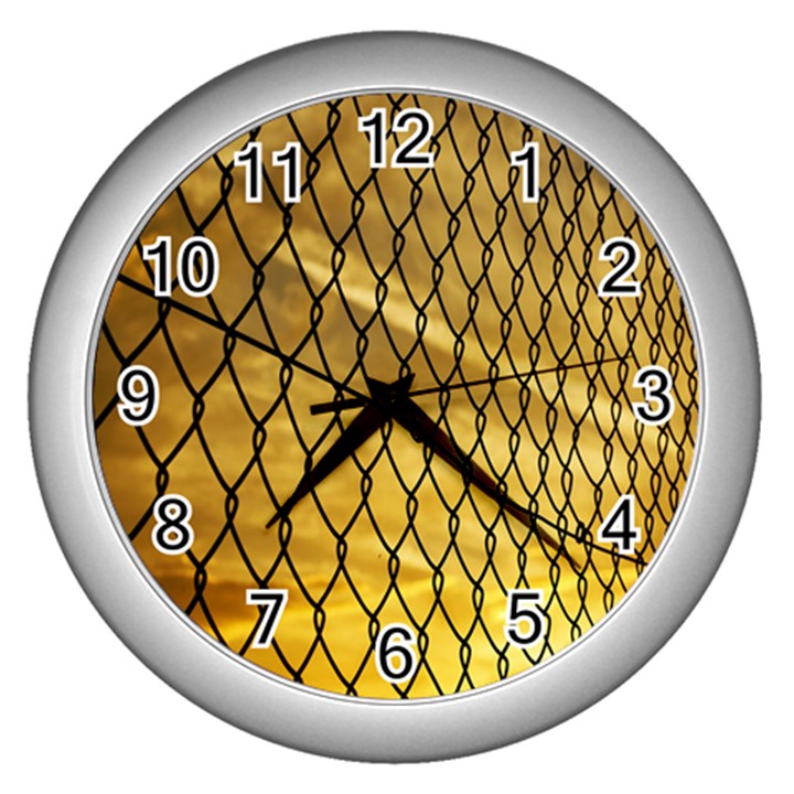 Chain Link Fence Sunset Wire Steel Fence Wall Clock (Silver)