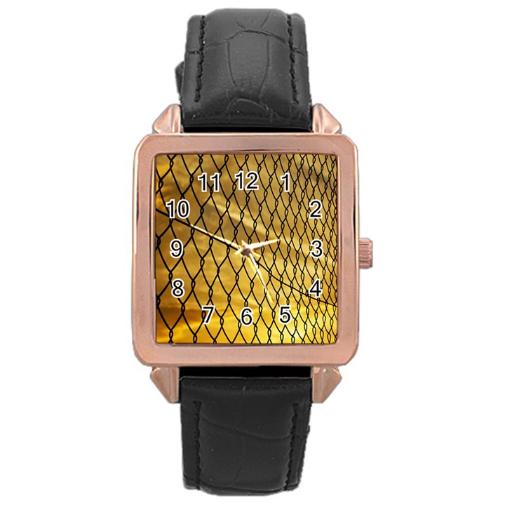 Chain Link Fence Sunset Wire Steel Fence Rose Gold Leather Watch 