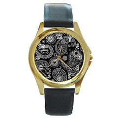 Seamless Paisley Pattern Round Gold Metal Watch by nate14shop