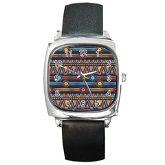 Bohemian-ethnic-seamless-pattern-with-tribal-stripes Square Metal Watch by Wegoenart