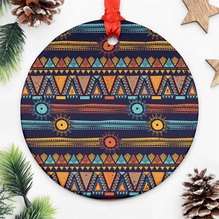 Bohemian-ethnic-seamless-pattern-with-tribal-stripes Round Ornament (Two Sides)