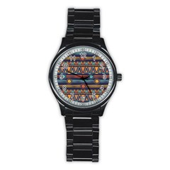 Bohemian-ethnic-seamless-pattern-with-tribal-stripes Stainless Steel Round Watch by Wegoenart