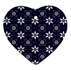 White Blue Floral Pattern Heart Ornament (two Sides)