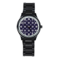 White Blue Floral Pattern Stainless Steel Round Watch by designsbymallika