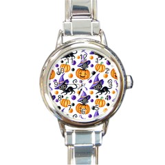 Halloween Cat Pattern Round Italian Charm Watch by designsbymallika