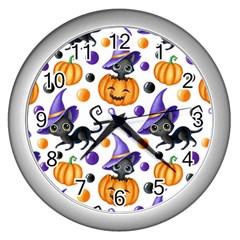 Halloween Cat Pattern Wall Clock (silver) by designsbymallika