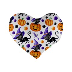 Halloween Cat Pattern Standard 16  Premium Flano Heart Shape Cushions by designsbymallika