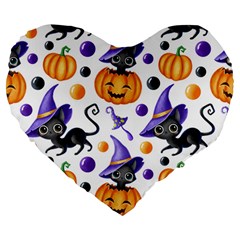 Halloween Cat Pattern Large 19  Premium Flano Heart Shape Cushions by designsbymallika