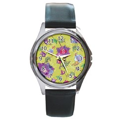 Blue Purple Floral Pattern Round Metal Watch by designsbymallika