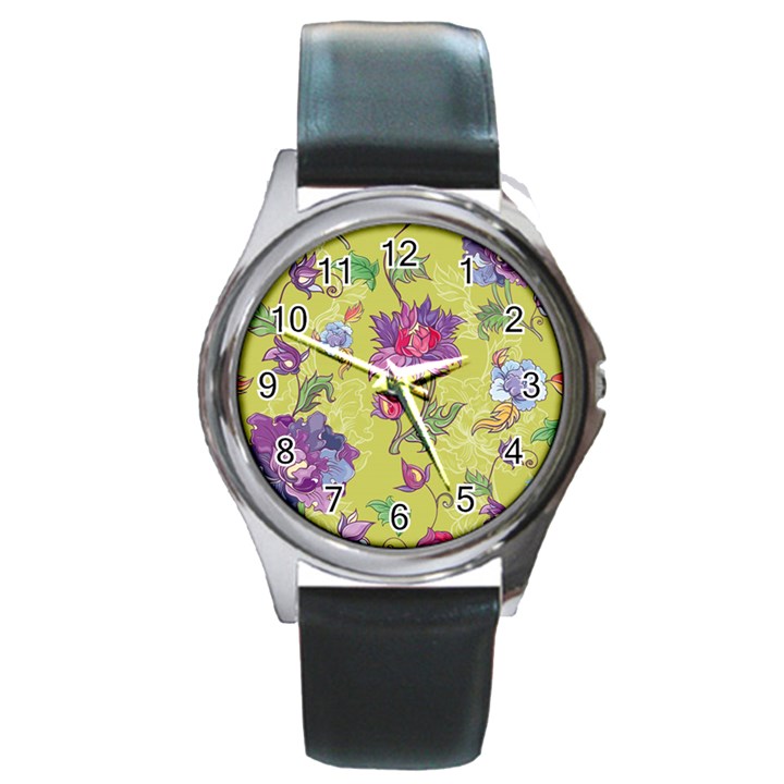 Blue Purple Floral Pattern Round Metal Watch