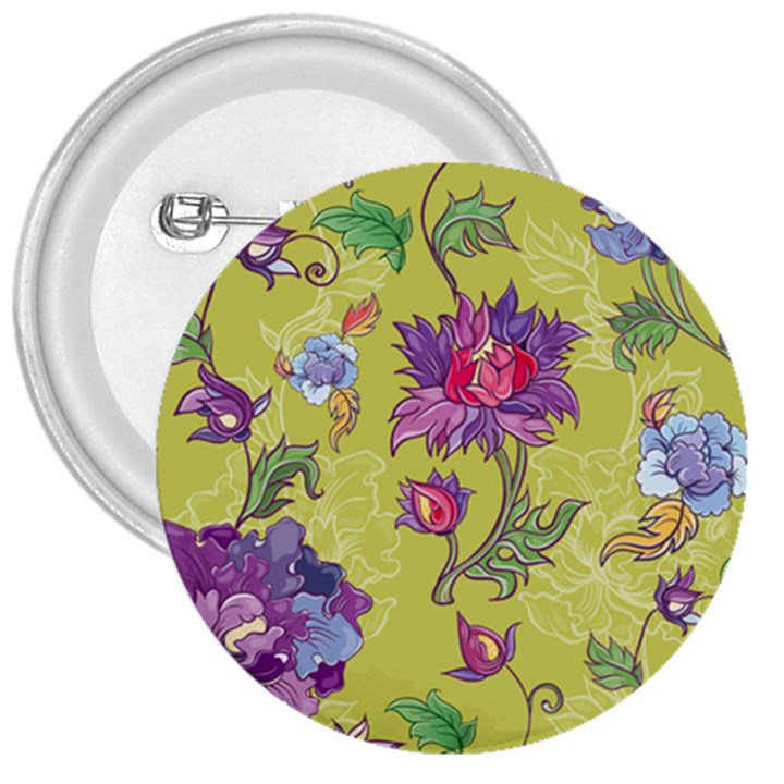 Blue Purple Floral Pattern 3  Buttons