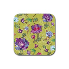 Blue Purple Floral Pattern Rubber Coaster (square) by designsbymallika