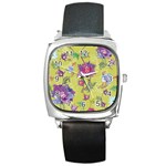 Blue Purple Floral Pattern Square Metal Watch Front