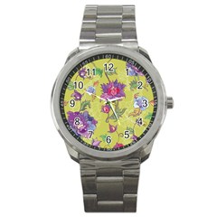 Blue Purple Floral Pattern Sport Metal Watch by designsbymallika